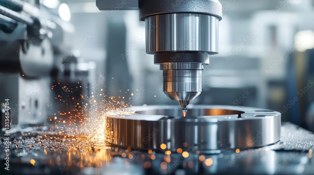 Poster intricate cnc machine cutting metal with sparks at dawn in a modern factory workshop of precision pa