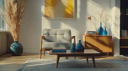 Sunny living room with mid-century chair and coffee table. Interior design
