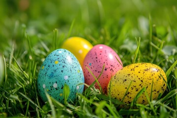 Vibrant easter eggs hidden among lush grass for joyful spring festivities