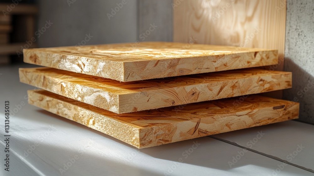 Poster stacked wooden boards illuminated by sunlight, showcasing texture and grain patterns in a workshop