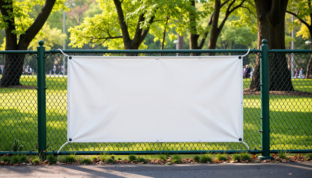 A blank mesh banner mockup attached to a black metal fence in a park setting. The lush green trees and grass provide a natural background, ideal for event promotions, sports advertising