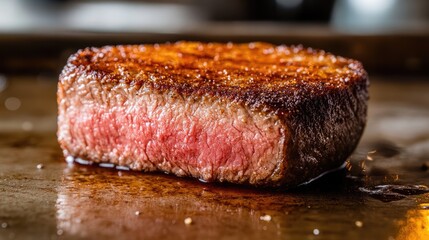 A close-up of a picanha steak's crispy fat cap glistening under warm light.