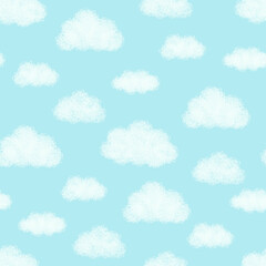Cute white clouds on light blue sky. Watercolor fluffy cloud seamless pattern vector. Design for fabric, textile, kid cloth, shirt, skirt, baby dress, print, cover, card, wrapping, paper, decor.
