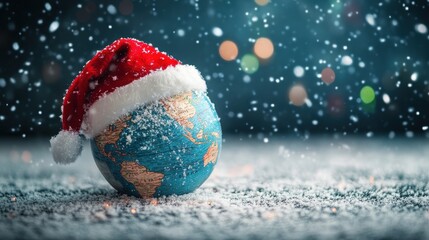 Festive globe with santa hat amidst snow and bokeh lights