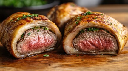 Obraz premium A close-up of picanha steak with a crispy, caramelized crust and a tender, pink interior.