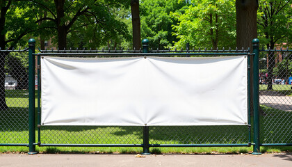A horizontal blank mesh banner mockup attached to a chain-link fence in a green park. The surrounding trees and grass create a natural setting, ideal for outdoor advertising, event branding