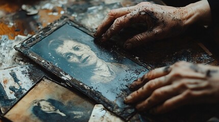 Fototapeta premium Hands are holding a damaged antique photograph in front of them