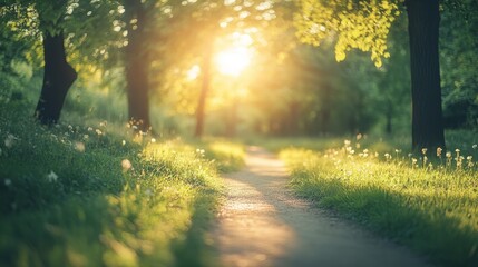 Sunlit forest path with lush greenery and dappled light in tranquil woodland