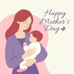 Obraz premium Happy mothers day flat vector illustration with mother holding baby in warm pastel tones. Minimalist design with soft background and elegant typography.