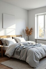 White walls, gray bedding, soft textures, cozy lighting, bedroom decor, gray, minimal