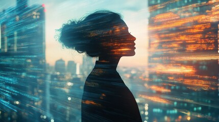 Silhouette of a woman against a city skyline with digital overlays, symbolizing innovation and future