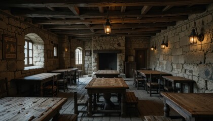 Fototapeta premium Rustic stone interior of an old tavern with wooden tables and warm lights