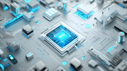 AI chip surrounded by technology icons and digital blue circuits, futuristic design, white background, concept of artificial intelligence and innovation