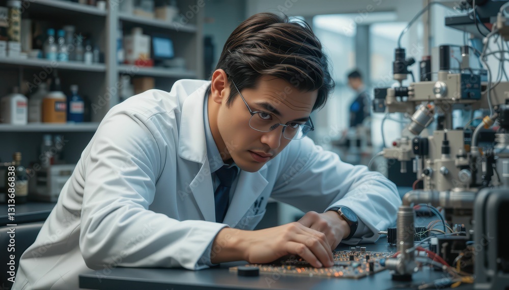 Poster young scientist working with equipment in modern laboratory setting