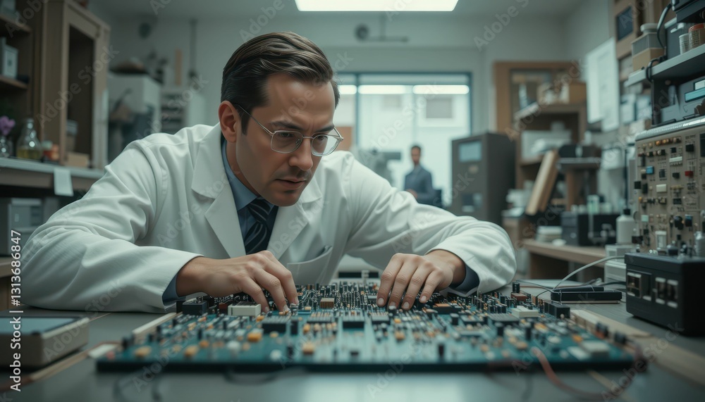 Poster scientist analyzing circuit board in modern laboratory setting