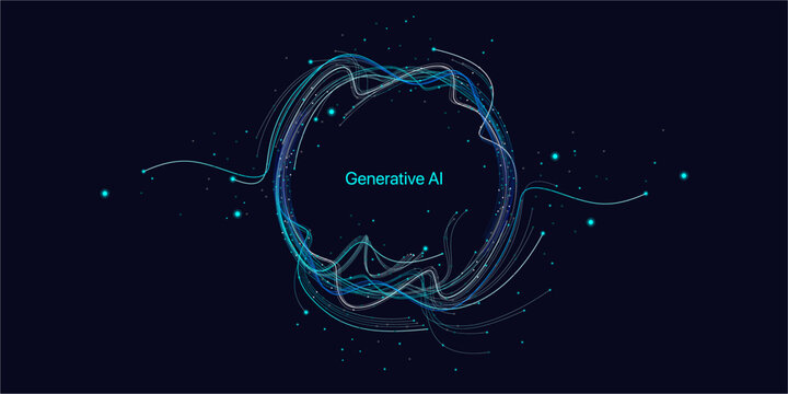 Illustration of abstract stream information with cyan line and dot. Big data, technology, AI, data transfer, data flow, large language model, generative ai	