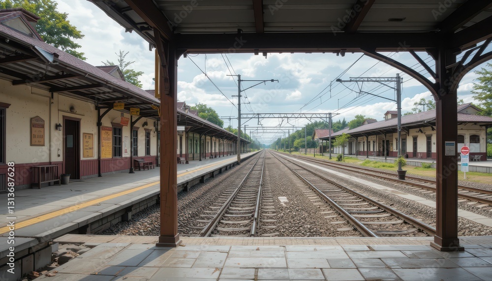 Poster tranquil train station with empty platforms and railroad tracks