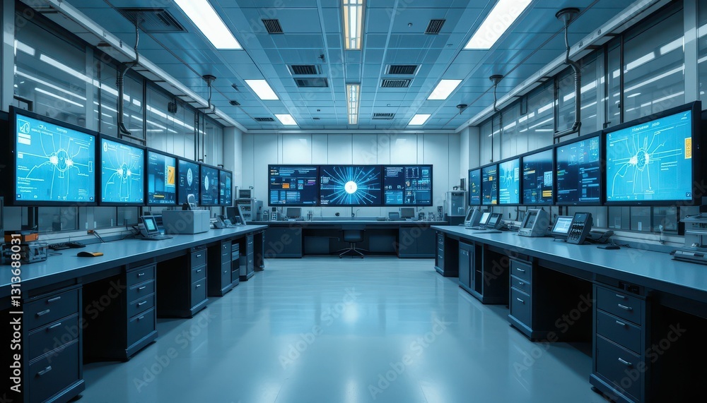 Poster modern control room with multiple monitors displaying data analysis
