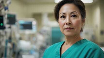 Fototapeta premium A focused middle-aged Asian female nurse wearing scrubs stands confidently in a hospital setting, ready to provide excellent patient care and support.