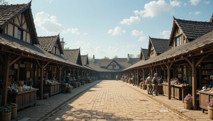 Fototapeta premium Charming Marketplace with Rustic Buildings and Vibrant Atmosphere