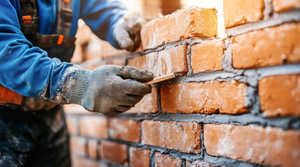 Mason skillfully laying bricks to construct a sturdy wall under warm sunlight at a construction site