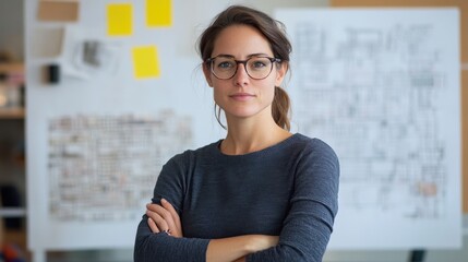 A confident young female architect stands in her modern workspace, showcasing her creative talents. She embodies professionalism and inspiration while working on design projects.