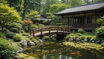 Serene Japanese Garden with Bridge and Peaceful Water Feature
