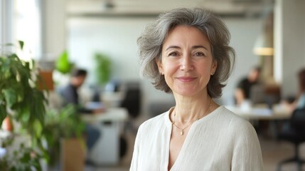 Fototapeta premium A confident middle-aged European woman stands in an office setting, radiating warmth and positivity. The bright atmosphere enhances her cheerful demeanor.