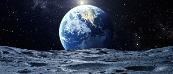 A breathtaking view of Earth from the moon's surface, showcasing its vibrant colors against the dark backdrop of space.