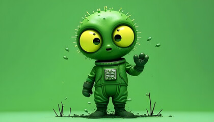 Alien Cactus: fantasy character, neon green shades, cartoon eyes, space suit, no background, flat graphics, humorous stylization
