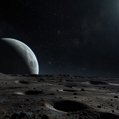 A breathtaking view of Earth rising over the lunar horizon, sharp and detailed moon surface covered in fine dust, distant stars twinkling in the black void, soft glow of Earth's atmosphere