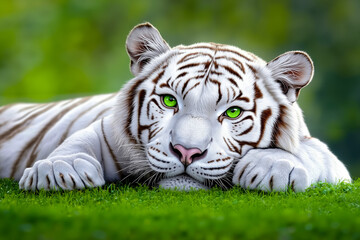 Obraz premium A white tiger laying on the grass with green eyes