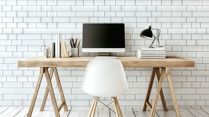 A minimalist workspace with subway tile wall panels and sleek wooden furniture.