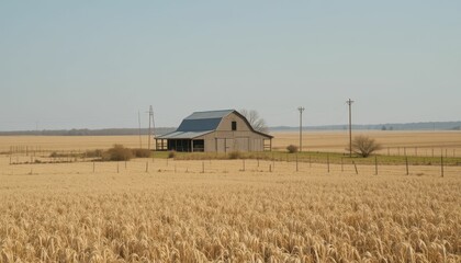 Tranquil Rural Landscape with Barn and Golden Wheat Field