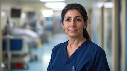 Fototapeta premium This portrait features a middle-aged female nurse in scrubs, showcasing her professionalism and dedication in a hospital environment. She embodies the spirit of healthcare.