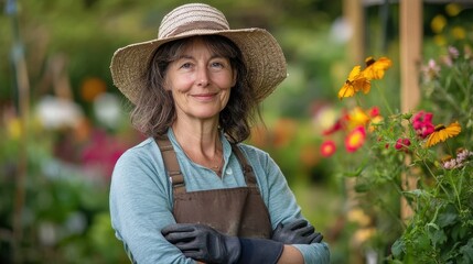 A senior European woman poses in her vibrant garden, wearing a straw hat and gloves, exuding a sense of peace and joy amidst blooming flowers.