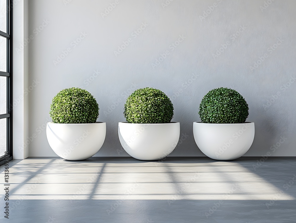 Poster three elegant white planters displaying aromatic plants in a minimalist setting with ample copy spac