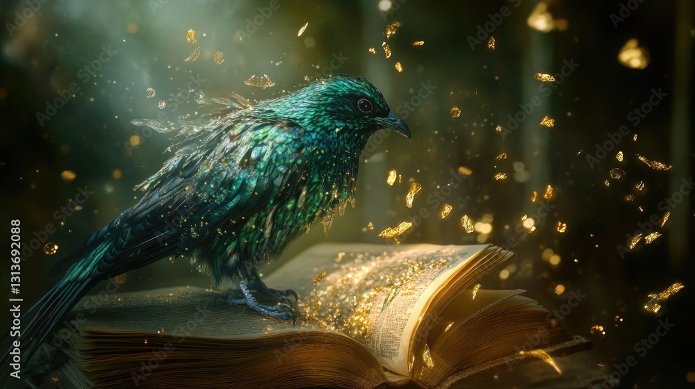 Poster enchanted bird on open book surrounded by glimmering particles in a mystical setting