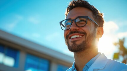 Smiling hispanic young adult male in glasses outdoors with sunlit background