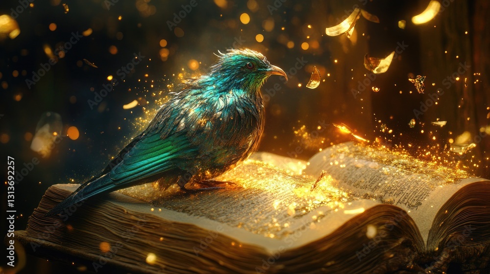 Poster enchanted bird perched on open book with magical glow and sparkling particles in dreamy atmosphere