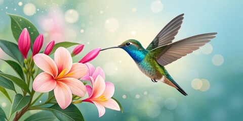 Fototapeta premium A delicate hummingbird hovering near a vibrant flower, sipping nectar
