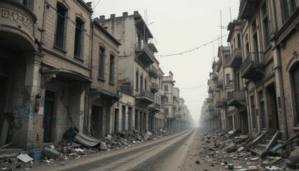 Fototapeta premium Abandoned Urban Street with Ruins and Debris in a Foggy Atmosphere