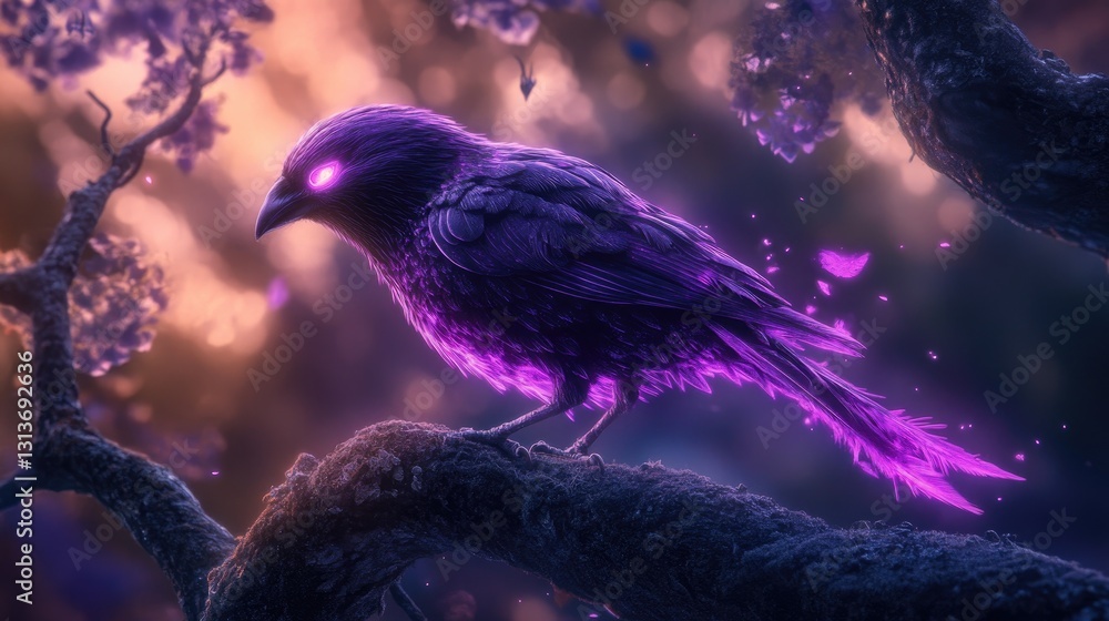 Poster enchanting purple bird perched on a branch with mystical glow and sparkles in a dreamlike forest set
