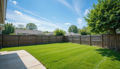 Fototapeta premium Lush Green Backyard with Fenced Area Under Sunny Blue Sky
