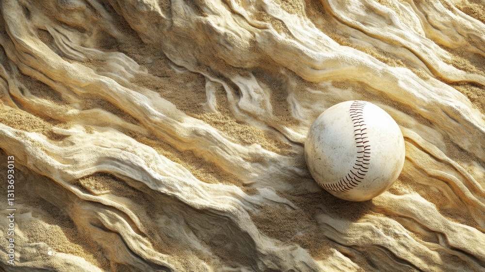 Poster baseball resting on sandy field with detailed textures and blank upper area for messaging generative