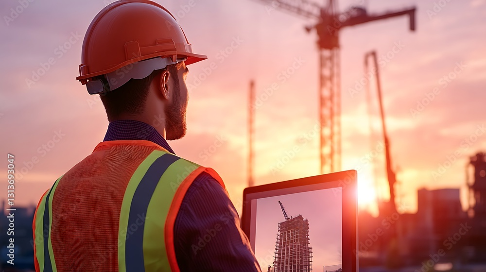 Poster construction worker using tablet to monitor project at sunset with cranes and building in background
