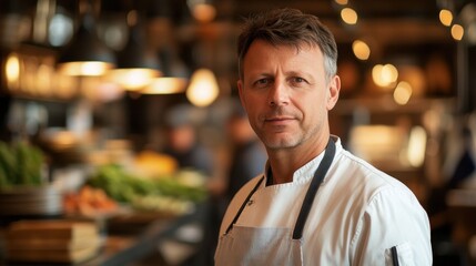 Fototapeta premium A portrait of a middle-aged European man in a chef's attire, exuding professionalism and confidence in a vibrant kitchen setting, surrounded by fresh ingredients.