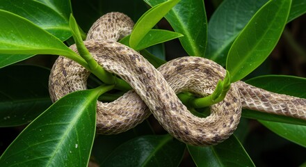 Saw Scaled Viper Coiled on Green Plant Branch Close Up
