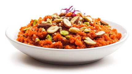 Gajar Halwa in a White Bowl Garnished with Almonds, Cashews, Pistachios, and Saffron Against a White Background  
