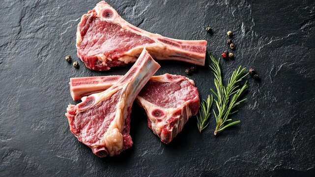 Freshly cut lamb chops displayed on a black stone surface with herbs and spices arranged artistically